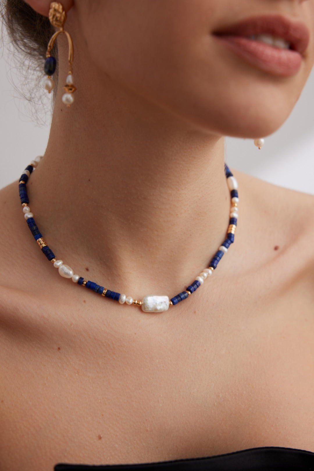 Pure Silver Lazurite Mixed Pearl Necklace