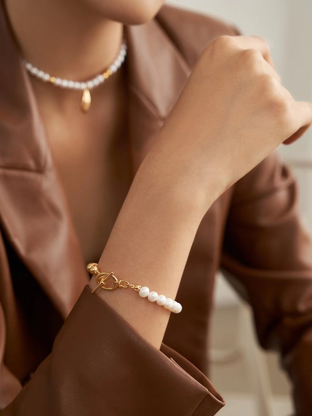 Pure Silver and Pearl Mixed 18k Plated Gold Bracelet