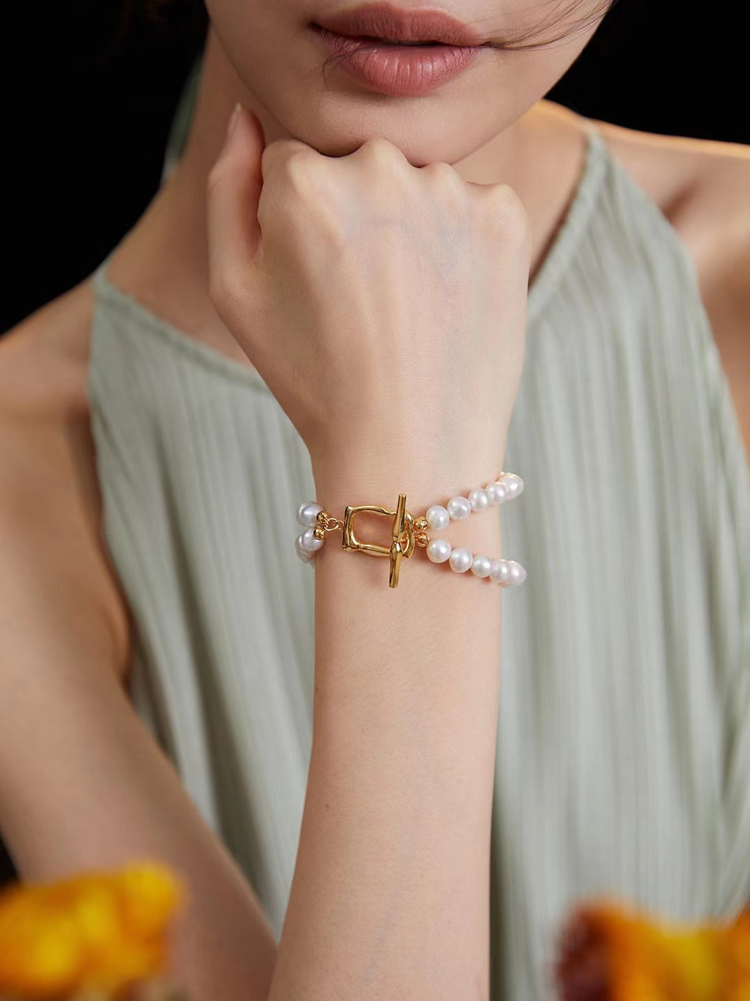 Pearl and 18k Gold Plated Layered Bracelet