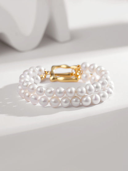 Pearl and 18k Gold Plated Layered Bracelet